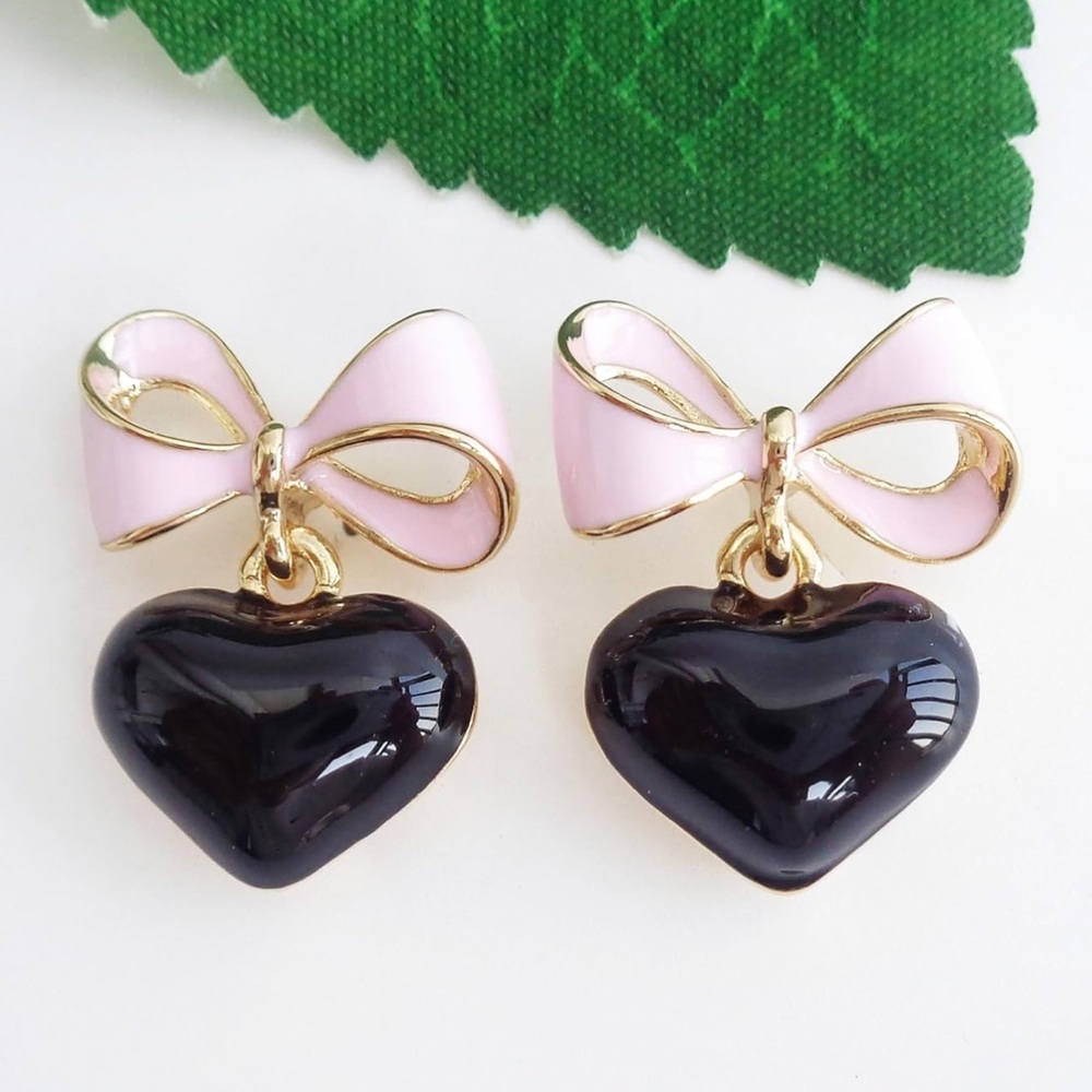 🎀NEW 18K Gold Plated Bow Heart Candy Enamel Stud Earrings Baby Pink & Black